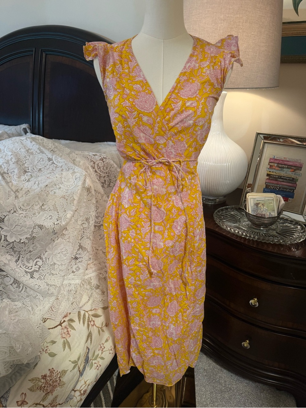 Lilla P Yellow and Pink Floral Wrap Midi Dress